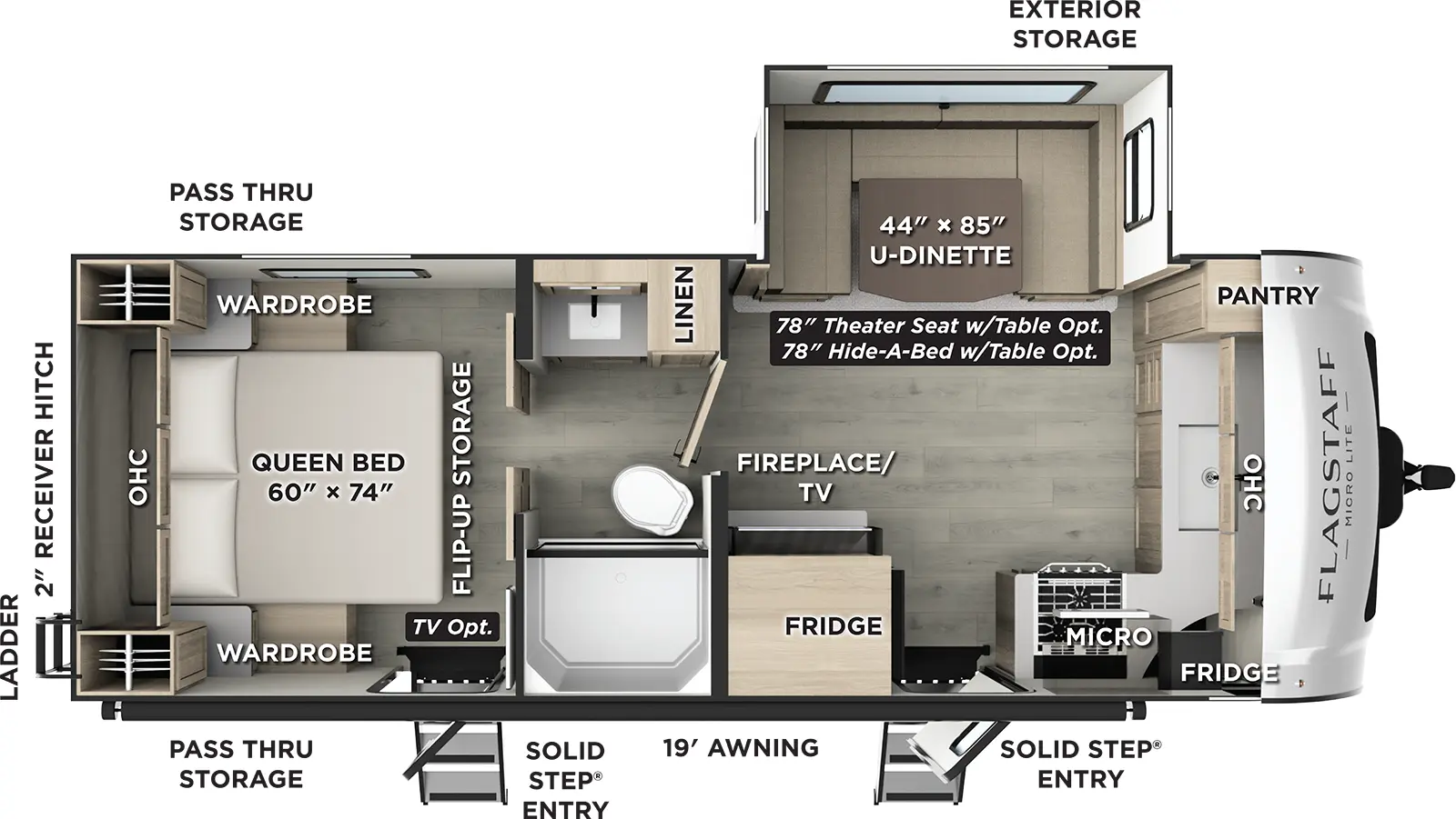 The Flagstaff Micro Lite 25FKB has two entries and one slide out. Exterior features include: fiberglass exterior and 19' awning. Interiors features include: front kitchen, u-dinette, rear bedroom and pass through bathroom.